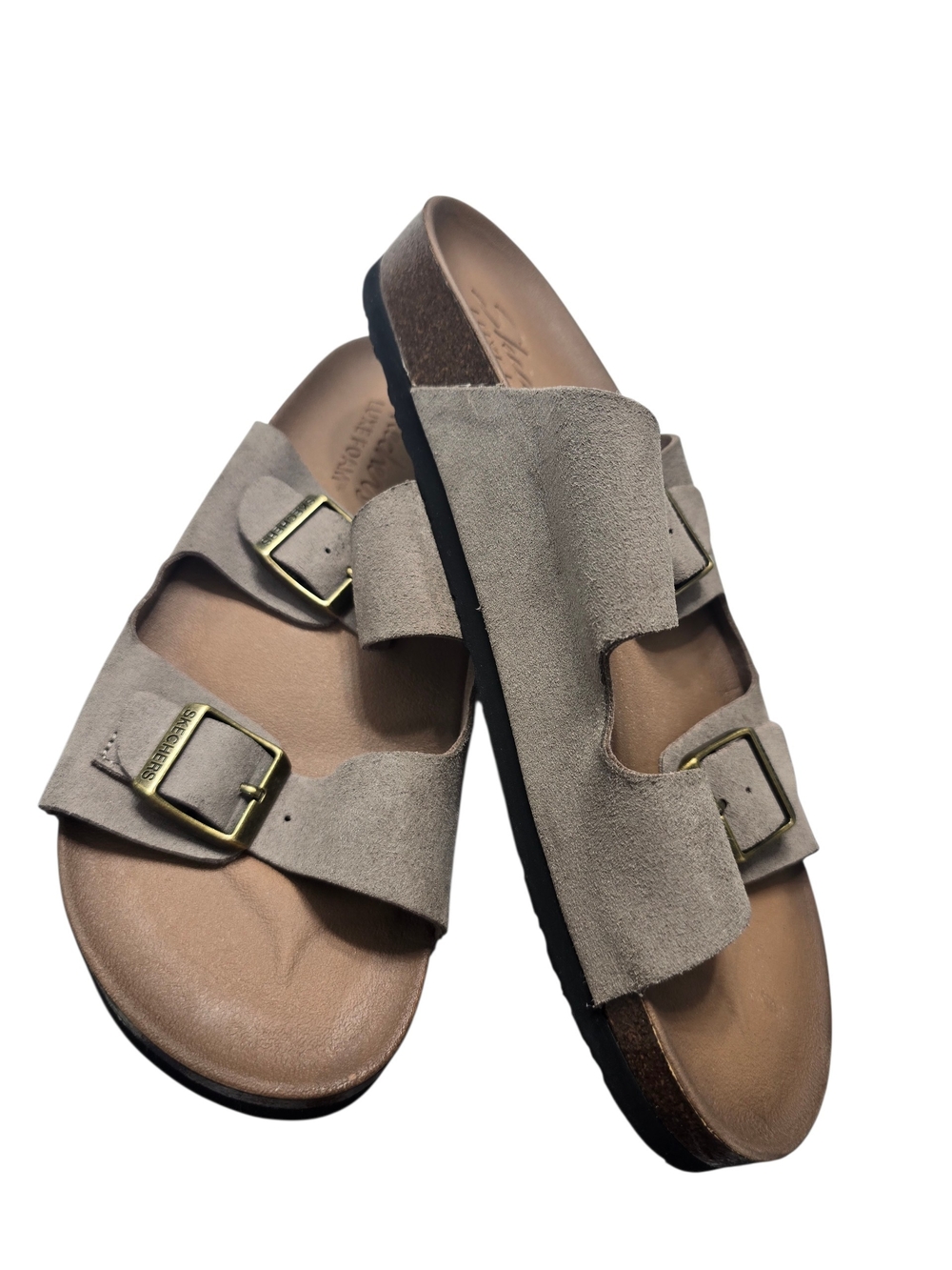 Skechers Luxe Foam Womens Taupe Suede Double-Buckle Slide Sandals Size 9